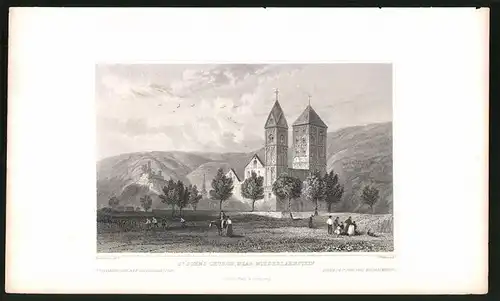 Stahlstich Niederlahnstein, St. Johanneskirche, Stahlstich von Tombleson um 1840, 15 x 24cm