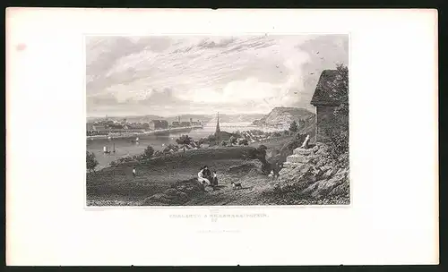 Stahlstich Coblenz, Flusspartie mit Ehrenbreitstein, Stahlstich von Tombleson um 1840, 15 x 24cm