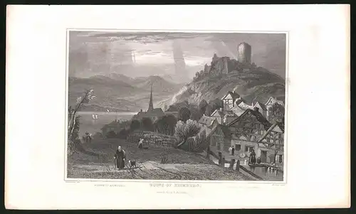 Stahlstich Keimburg, Fachwerkhäuser gegen Ruinen, Stahlstich von Tombleson um 1840, 15 x 24cm