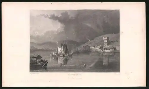 Stahlstich Rüdesheim, Rheinpartie mit Burganlage, Stahlstich von Tombleson um 1840, 15 x 24cm