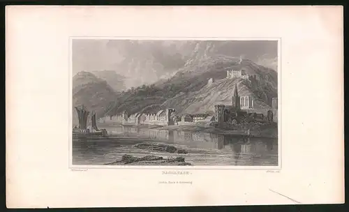 Stahlstich Bacharach, Flusspartie mit Zentrum, Stahlstich von Tombleson um 1840, 15 x 24cm