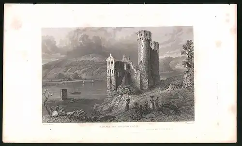 Stahlstich Ehrenfels, Ruine mit Fluss, Stahlstich von Tombleson um 1840, 15 x 24cm