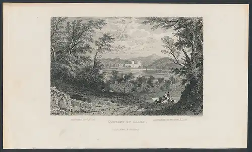 Stahlstich Laach, Blick über See auf Frauenkloster, Stahlstich von Tombleson um 1840, 15 x 24cm
