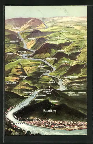 Künstler-AK Heidelberg, Umgebungskarte oberhalb Heidelbergs