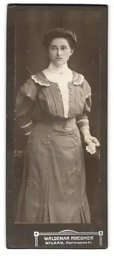 Fotografie Waldemar Riesner, Wilkau, Hermannstr., Portrait Dame im Biedermeierkleid mit toupierten Haaren