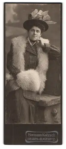Fotografie Hermann Kotzsch, Dresden, Striesenerstr. 11, Portrait Dame im karierten Kleid mit Pelzmuff und Stola