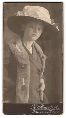 Fotografie K. Brucksch, Dresden, Portrait Dame im gestreiften Kleid mit Pelzstola und breitem Hut