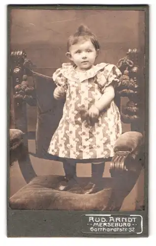 Fotografie Rud. Arndt, Merseburg, Gotthardtstr. 32, Portrait Mädchen im Kleid steht auf einem Stuhl, Segelohren