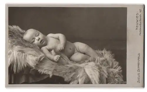 Fotografie Julius Zeppenfeld, Neuwied, Heddesdorferstrasse 42, Portrait nackiges Kleinkind auf Fell liegend