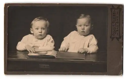 Fotografie Julius Goebel, Bad Ems, Portrait zwei hübsch gekleidete Kinder mit Fotoalbum