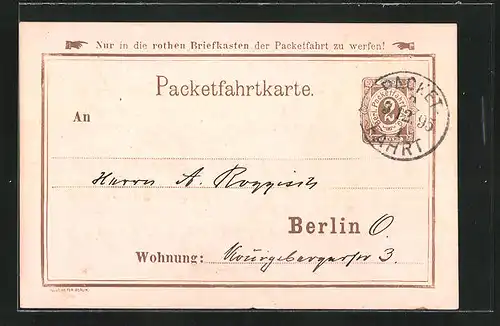 Vorläufer-AK Packetfahrtkarte, 1895, Private Stadtpost Berlin