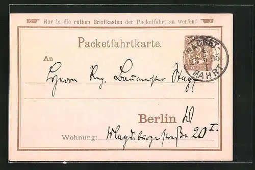 Vorläufer-AK Packetfahrtkarte, 1895, Private Stadtpost Berlin