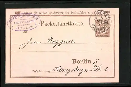 Vorläufer-AK Packetfahrtkarte Private Stadtpost Berlin, 1894, Architekten Ernecke & Pietsch