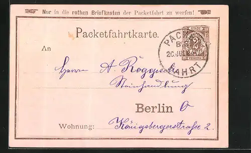 Vorläufer-AK Packetfahrtkarte Private Stadtpost Berlin, 1894, W. Reinhold Maurermeister