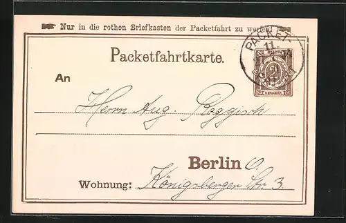 Vorläufer-AK Packetfahrtkarte Private Stadtpost Berlin, 1894