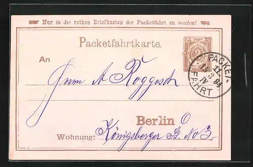 Vorläufer-AK Packetfahrtkarte Private Stadtpost Berlin, 1894, Bau-Bureau der grossen Berliner Pferde Eisenbahn