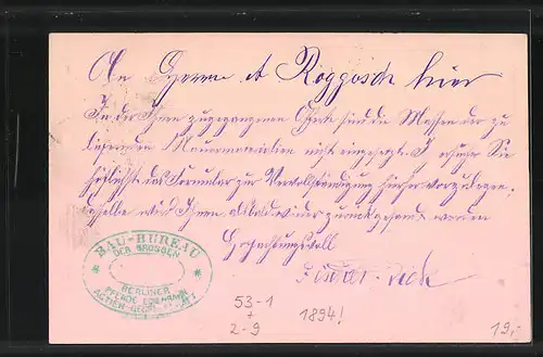 Vorläufer-AK Packetfahrtkarte Private Stadtpost Berlin, 1894, Bau-Bureau der grossen Berliner Pferde Eisenbahn