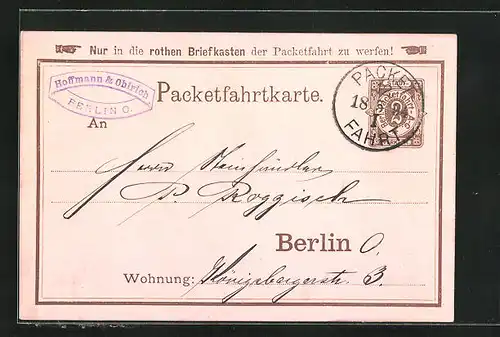 Vorläufer-AK Packetfahrtkarte Private Stadtpost Berlin, 1894, Hoffmann und Ohlrich