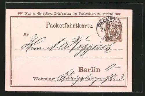 Vorläufer-AK Packetfahrtkarte Private Stadtpost Berlin, 1894