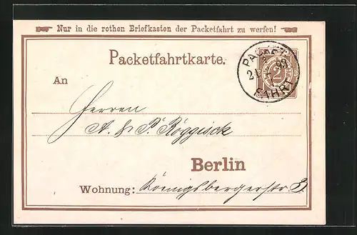 Vorläufer-AK Packetfahrtkarte Private Stadtpost Berlin, 1893
