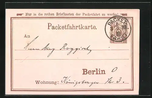 Vorläufer-AK Packetfahrtkarte Private Stadtpost Berlin, 1893