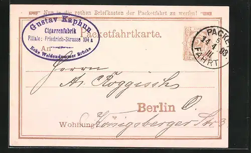 Vorläufer-AK Packetfahrtkarte Private Stadtpost Berlin, 1893, Gustav Kaphun Cigarrenfabrik