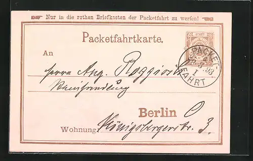 Vorläufer-AK Packetfahrtkarte Private Stadtpost Berlin, 1893