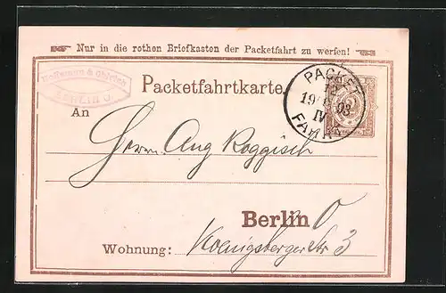 Vorläufer-AK Packetfahrtkarte Private Stadtpost Berlin, 1893, Hoffmann und Ohlrich