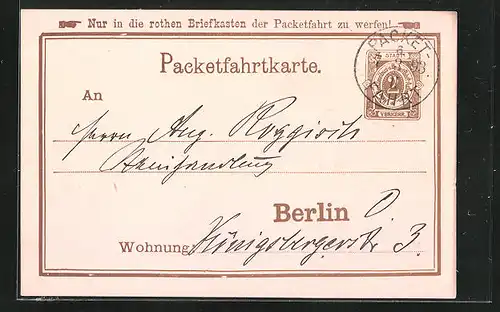 Vorläufer-AK Packetfahrtkarte Private Stadtpost Berlin, 1893