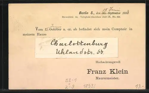 Vorläufer-AK Packetfahrt Private Stadtpost Berlin, 1893, Franz Klein Maurermeister