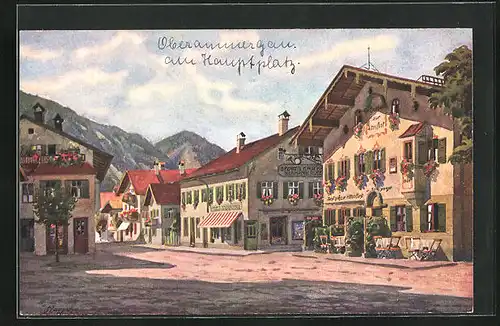 Künstler-AK Oberammergau, am Hauptplatz, Gasthof zur Post