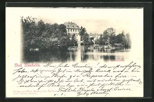 AK Bad Nauheim, das Teichhaus von der Teichoberfläche gesehen