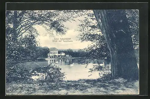 AK Bad Nauheim, Blick vom Ufer auf das Teichhaus