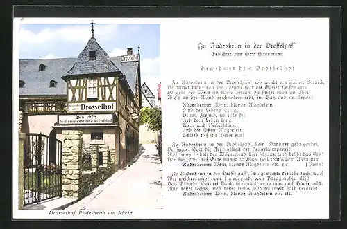 AK Rüdesheim, Partie am Weinhaus Drosselhof, Gedicht von Otto Hausmann