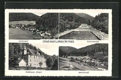 AK Lonau im Harz, Blick auf das Unterdorf, am Schwimmbad, Waldhaus Jürgens, Mariental
