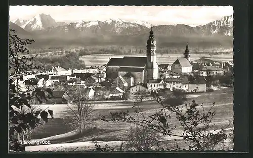 AK Tittmoning i. Obb., Blick zur Kirche im Ort, Gebirgspanorama
