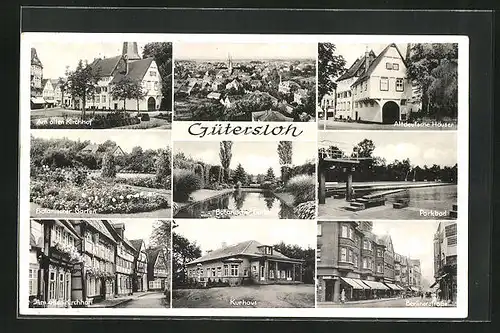 AK Gütersloh, Gesamtansicht, am alten kirchhof, Botanischer garten, am Kurhaus, Berlinerstrasser, Parkbad