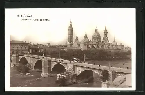 AK Zaragoza, El Pilar y el Puente de Piedra, Strassenbahn