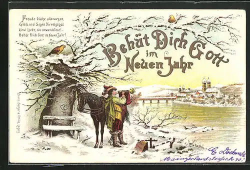 AK Behüt Dich Gott!, Trompeter mit Pferd vor der Stadt im Winter, Neujahrsgruss