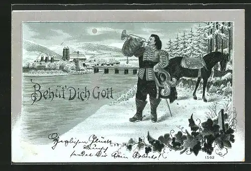 AK Behüt Dich Gott!, Trompeter mit Pferd vor der Stadt bei Mondschein im Winter