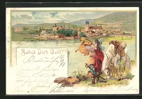 Lithographie Säkkngen am Rhein, Trompeter mit Pferd vor der Stadt, Behüt Dich Gott!