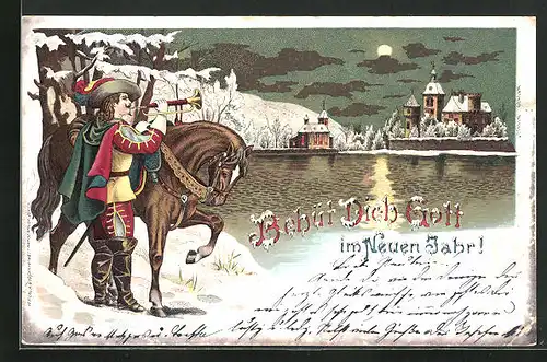 AK Behüt Dich Gott!, Trompeter mit Pferd vor der Stadt bei Mondschein im Winter, Neujahrsgruss