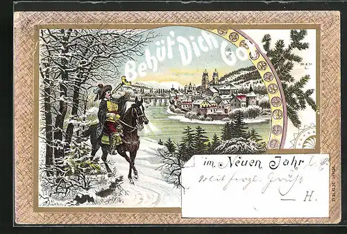 AK Behüt Dich Gott!, Trompeter mit Pferd vor der Stadt im Winter, Neujahrsgruss