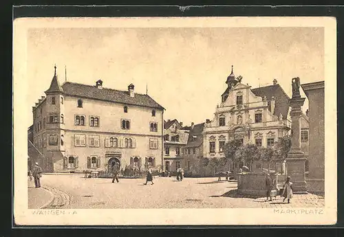 AK Wangen i. A., Marktplatz mit Rathaus und Brunnen