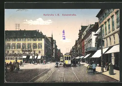 AK Karlsruhe i. B., Kaiserstrasse mit Geschäft und Strassenbahn