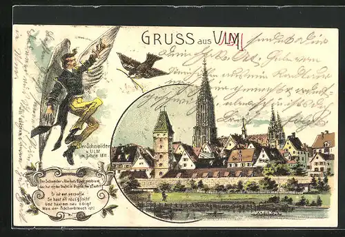 Lithographie Ulm, Teilansicht mit Kirche, Der Schneider von Ulm im Jahre 1811