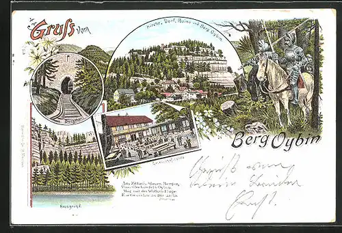 Lithographie Oybin, Kirche, Gesellschaftsplatz mit Gartenwirtschaft, Dorf, Ruine und Berg Oybin, Burgtor
