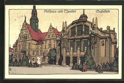 Steindruck-AK Bielefeld, Rathaus und Theater