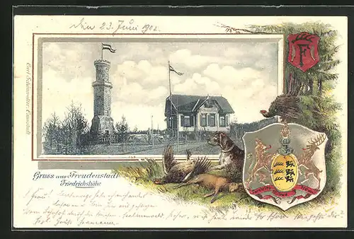 Passepartout-Lithographie Freudenstadt, Gasthaus Friedrichshöhe und Aussichtsturm, Wappen