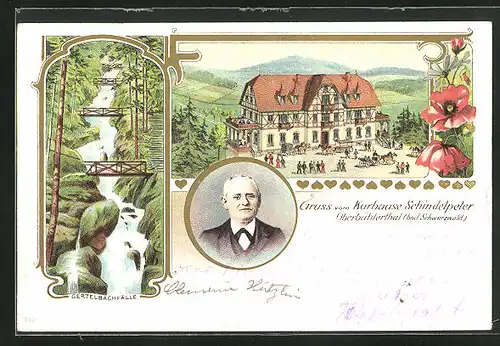 Lithographie Oberbühlerthal /Schwarzwald, Hotel Kurhaus Schindelpeter, Gertelbachfälle